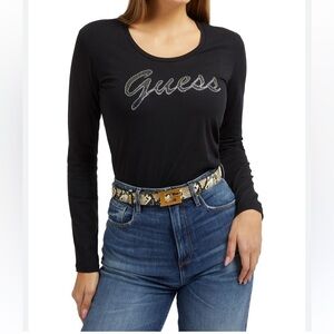 GUESS Cotton Long Sleeve T-Shirt with Rhinestones - Size S